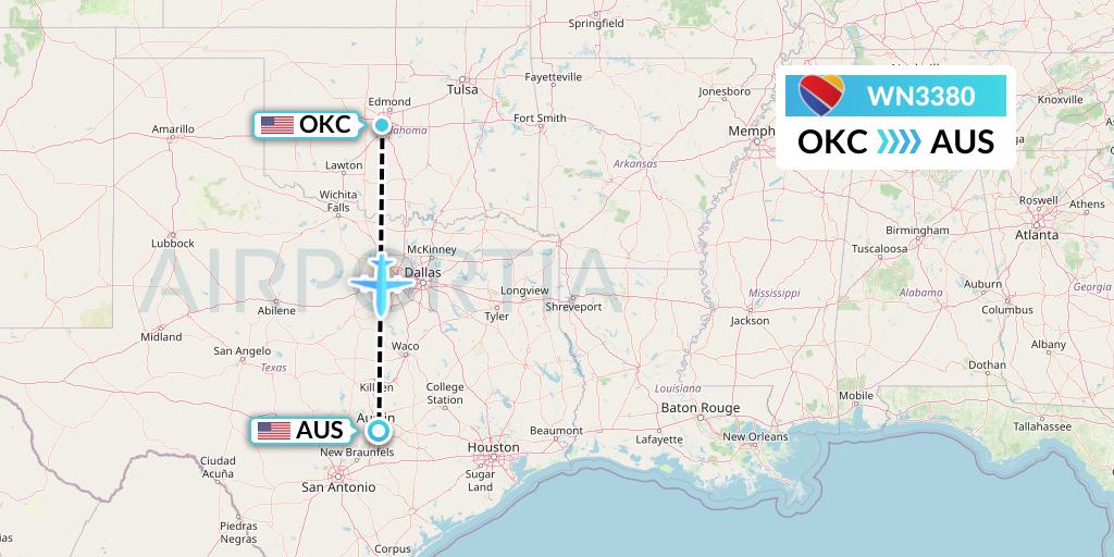 WN3380 Southwest Airlines Flight Map: Oklahoma City to Austin