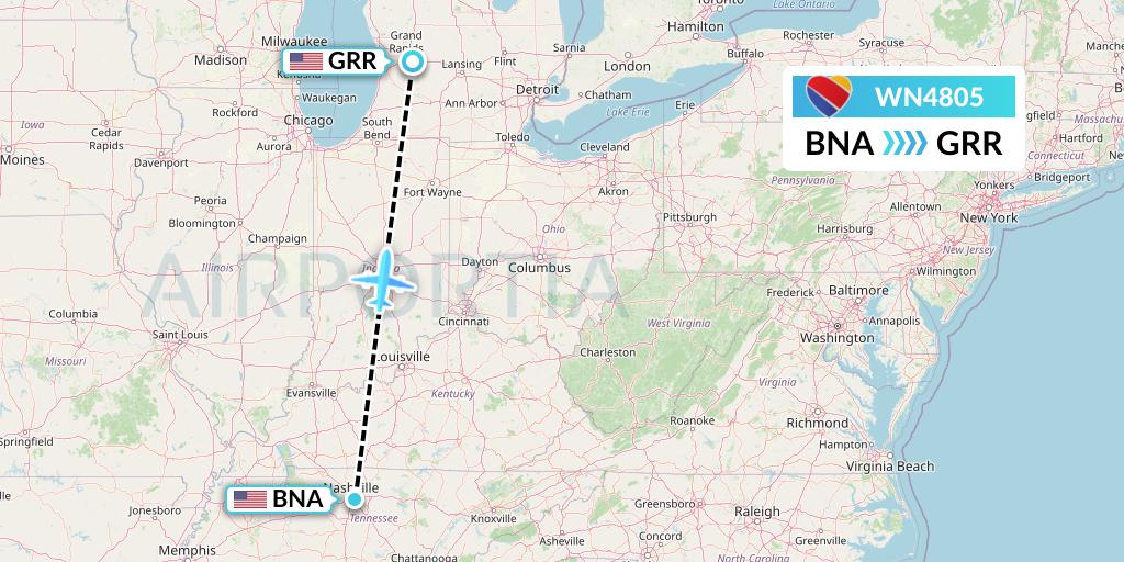 WN4805 Southwest Airlines Flight Map: Nashville to Grand Rapids