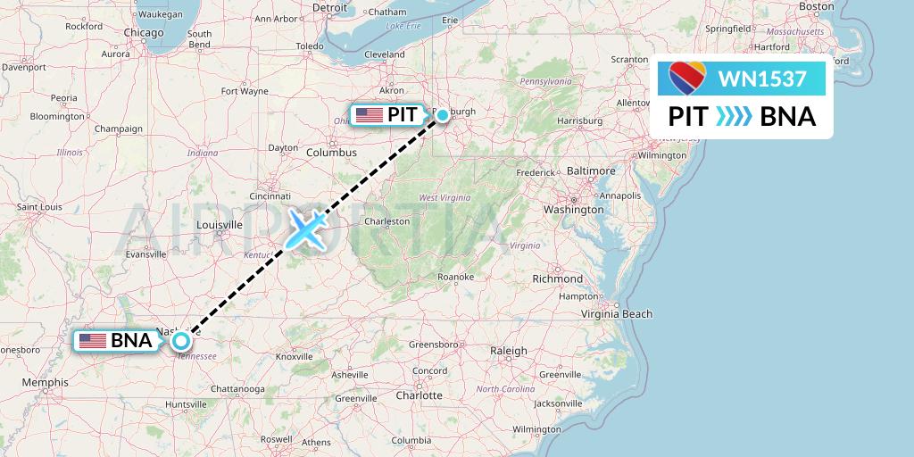 WN1537 Southwest Airlines Flight Map: Pittsburgh to Nashville