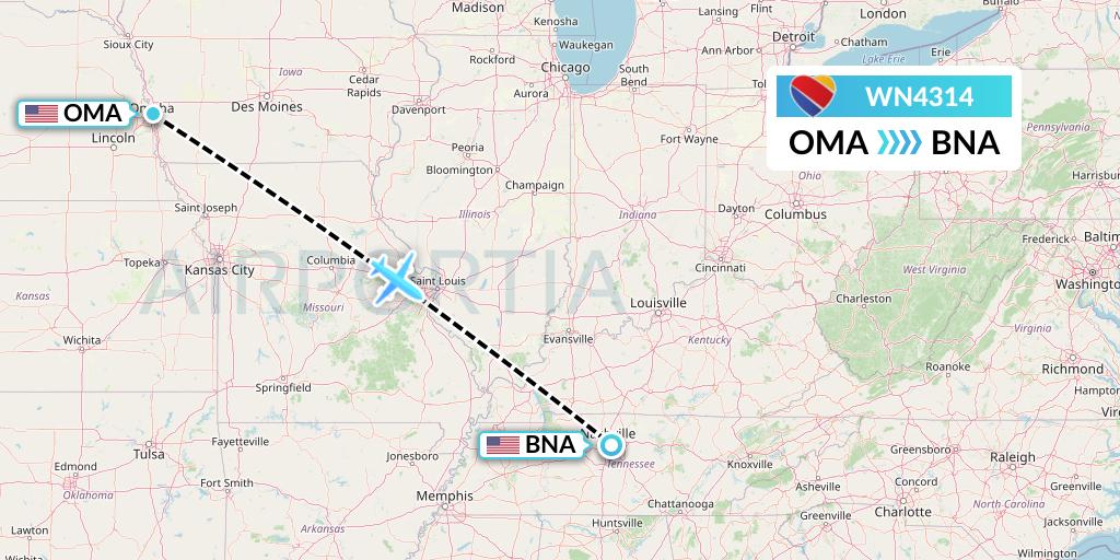 WN4314 Southwest Airlines Flight Map: Omaha to Nashville