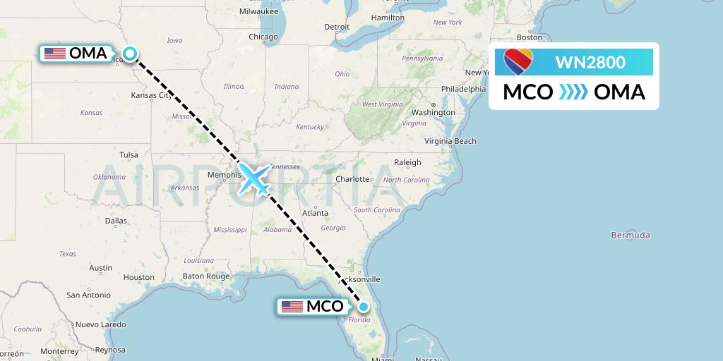 WN2800 Southwest Airlines Flight Map: Orlando to Omaha