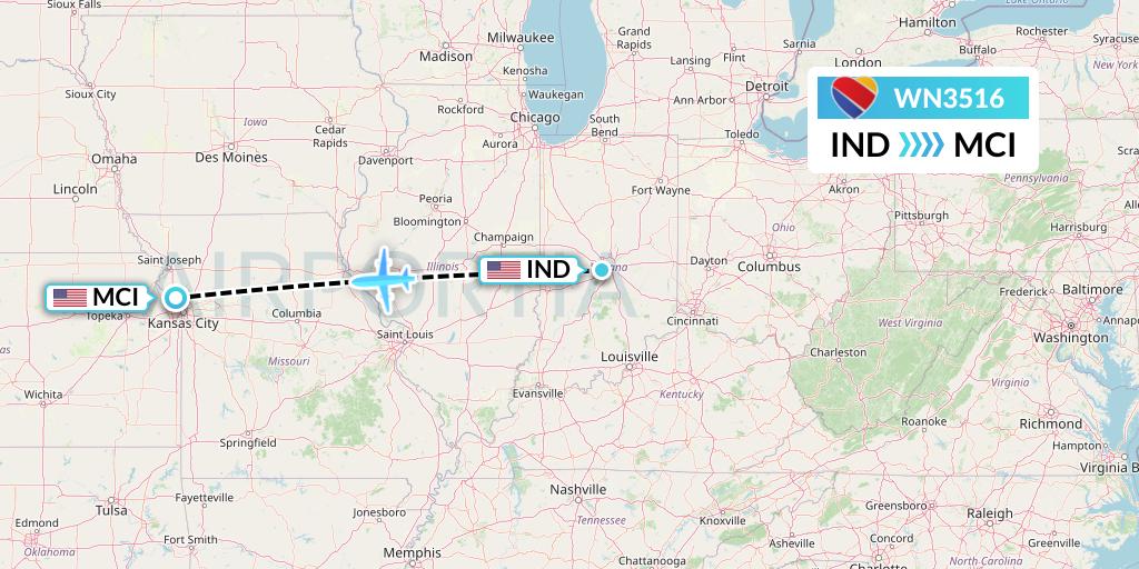 WN3516 Southwest Airlines Flight Map: Indianapolis to Kansas City