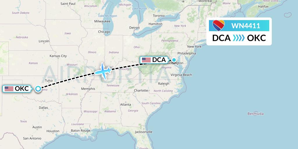 WN4411 Southwest Airlines Flight Map: Washington to Oklahoma City