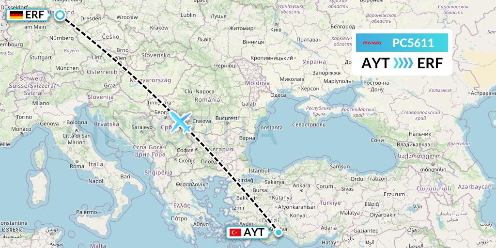 PC5611 Pegasus Airlines Flight Map: Antalya to Erfurt
