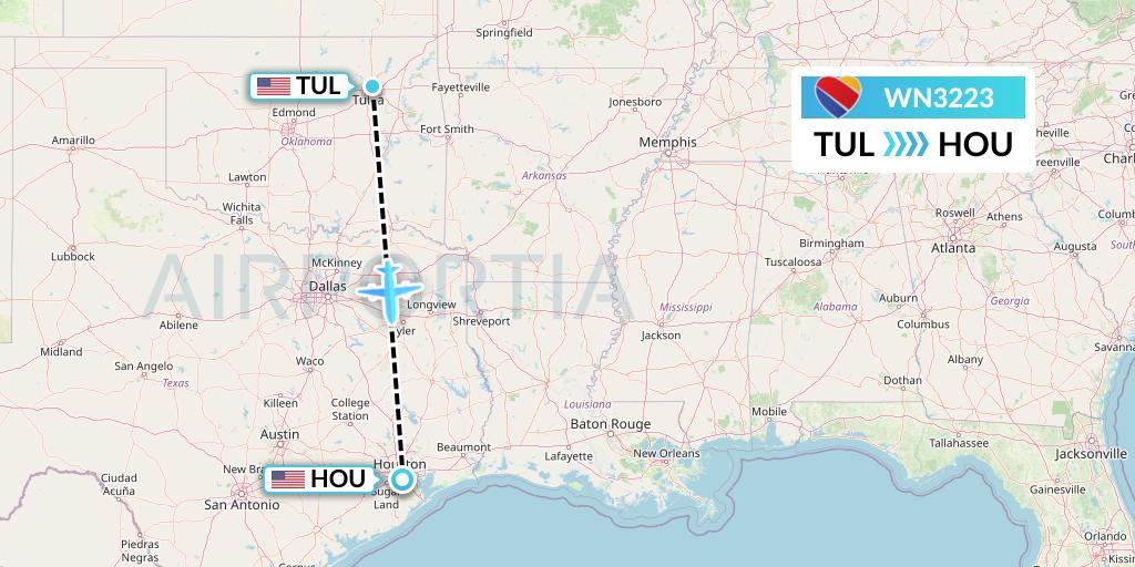 WN3223 Southwest Airlines Flight Map: Tulsa to Houston