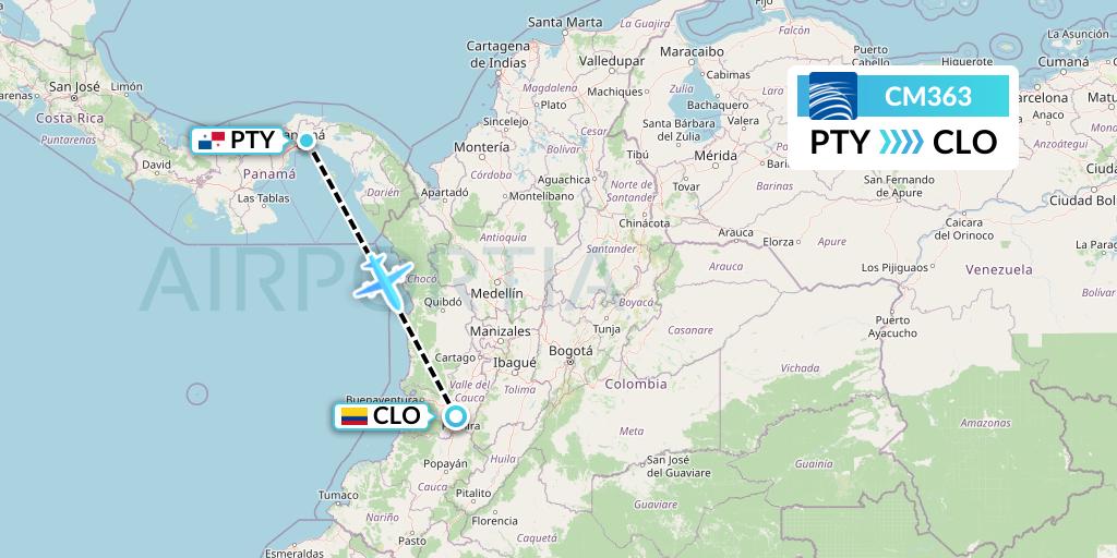 CM363 Copa Airlines Flight Map: Panama City to Cali