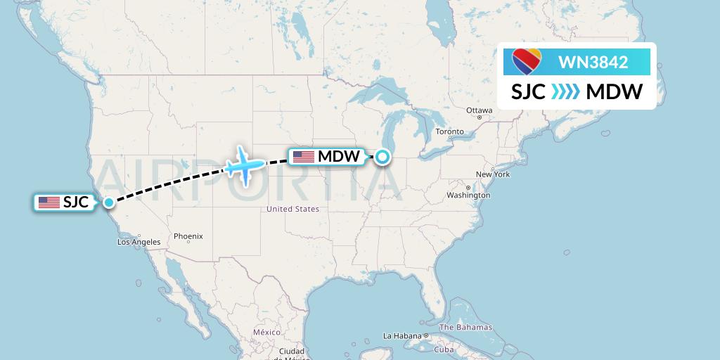 WN3842 Southwest Airlines Flight Map: San Jose to Chicago
