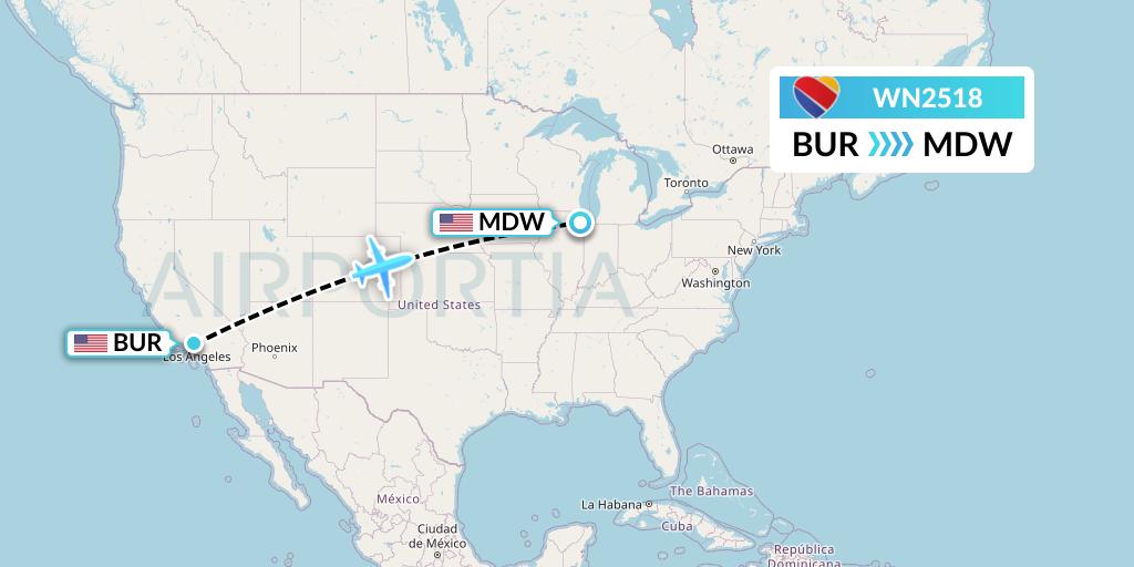 WN2518 Southwest Airlines Flight Map: Burbank to Chicago