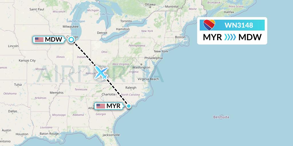 WN3148 Southwest Airlines Flight Map: Myrtle Beach to Chicago