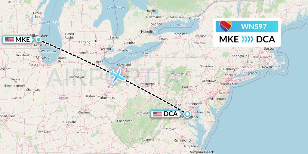 WN597 Southwest Airlines Flight Map: Milwaukee to Washington