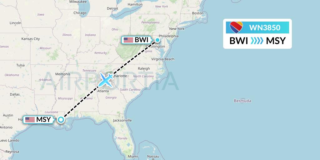 WN3850 Southwest Airlines Flight Map: Baltimore to New Orleans