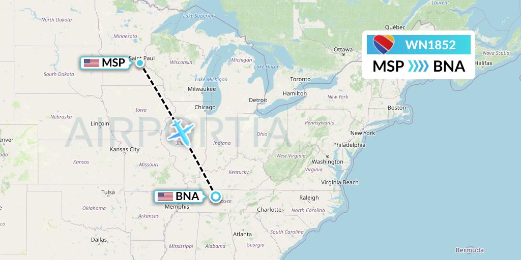 WN1852 Southwest Airlines Flight Map: Minneapolis to Nashville