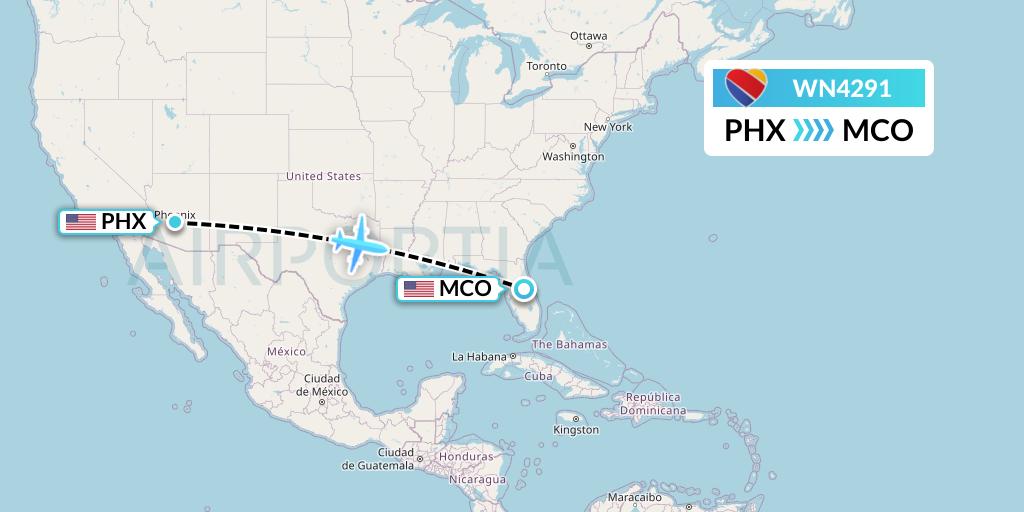 WN4291 Southwest Airlines Flight Map: Phoenix to Orlando