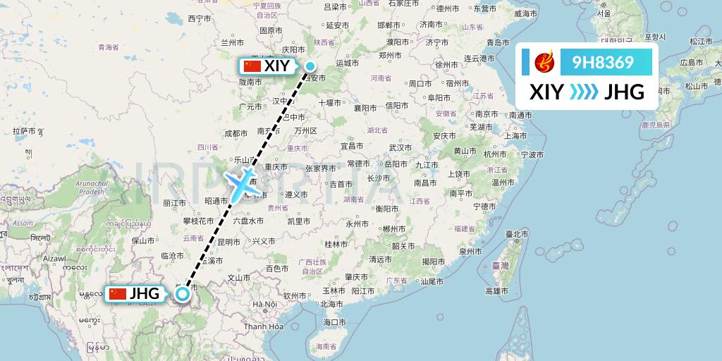 9H8369 Air Changan Flight Map: Xi'an to Jinghong