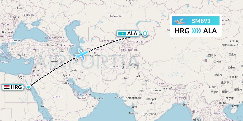 SM893 Air Cairo Flight Map: Hurghada to Almaty