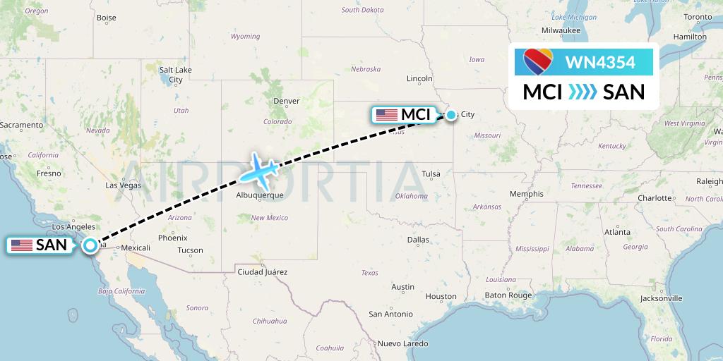 WN4354 Southwest Airlines Flight Map: Kansas City to San Diego