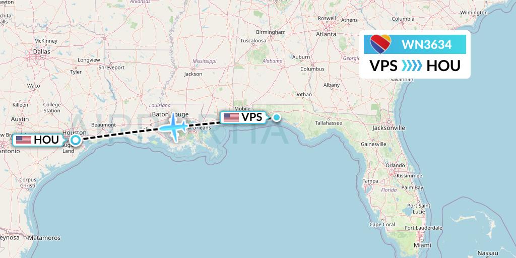 WN3634 Southwest Airlines Flight Map: Valparaiso to Houston