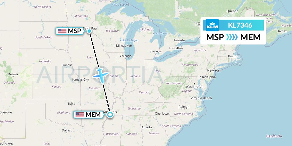 KL7346 KLM Flight Map: Minneapolis to Memphis