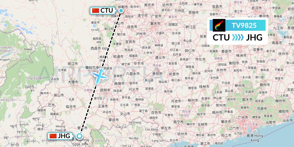 TV9825 Tibet Airlines Flight Map: Chengdu to Jinghong