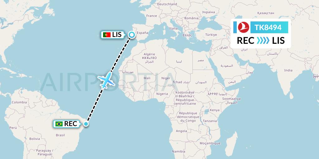 TK8494 Turkish Airlines Flight Map: Recife to Lisbon
