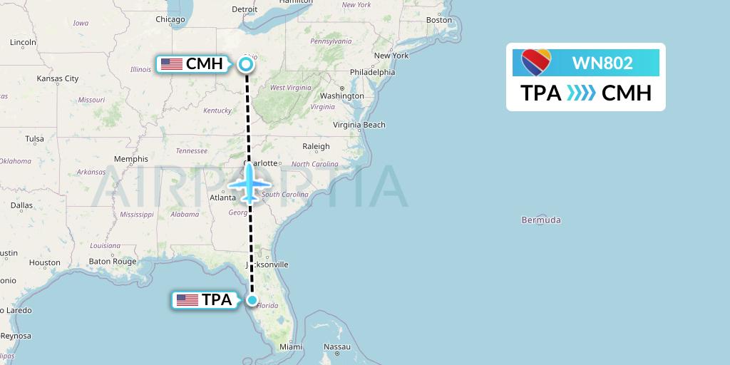 WN802 Southwest Airlines Flight Map: Tampa to Columbus