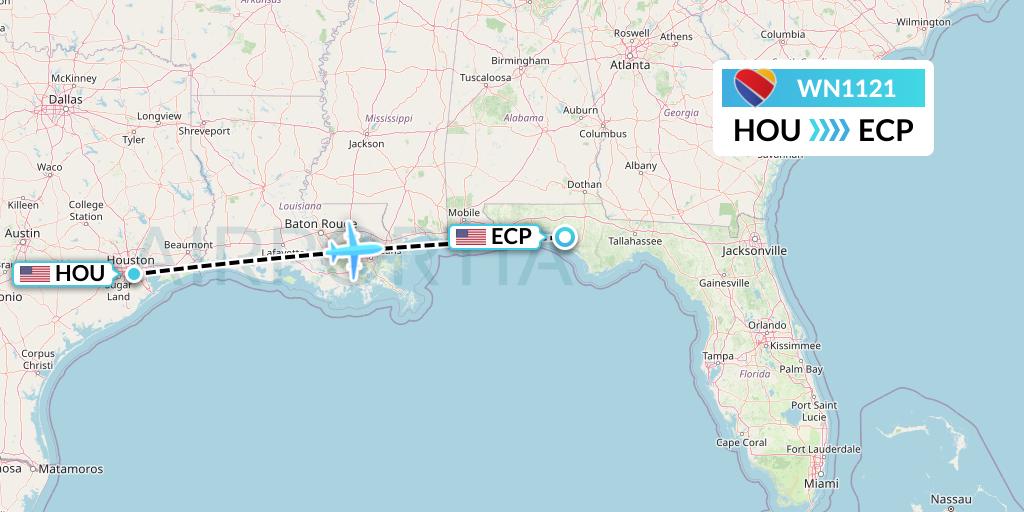 WN1121 Southwest Airlines Flight Map: Houston to Panama City