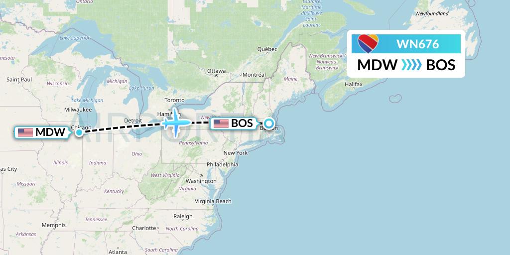 WN676 Southwest Airlines Flight Map: Chicago to Boston