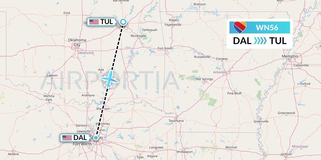 WN56 Southwest Airlines Flight Map: Dallas to Tulsa