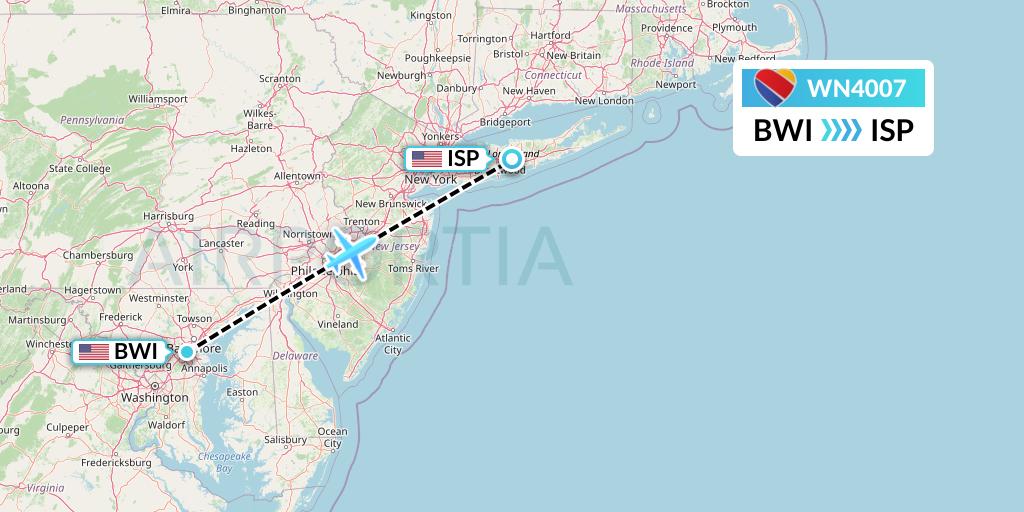 WN4007 Southwest Airlines Flight Map: Baltimore to Islip