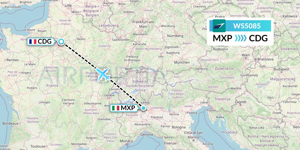 WS5085 WestJet Flight Map: Milan to Paris