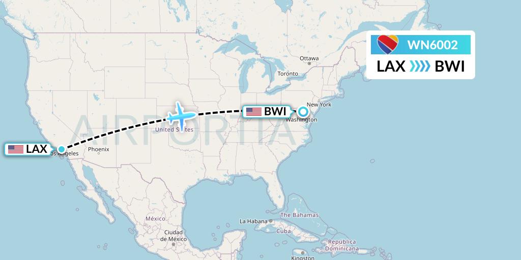 WN6002 Southwest Airlines Flight Map: Los Angeles to Baltimore