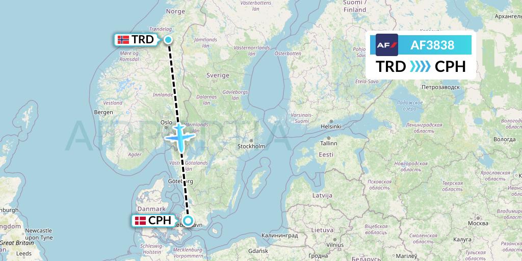 AF3838 Air France Flight Map: Trondheim to Copenhagen