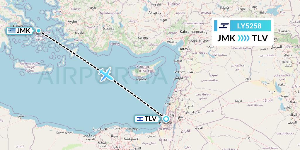 LY5258 El Al Flight Map: Mykonos to Tel Aviv