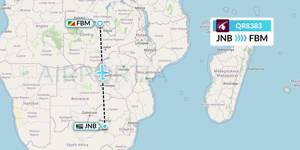 QR8383 Qatar Airways Flight Map: Johannesburg to Lubumbashi