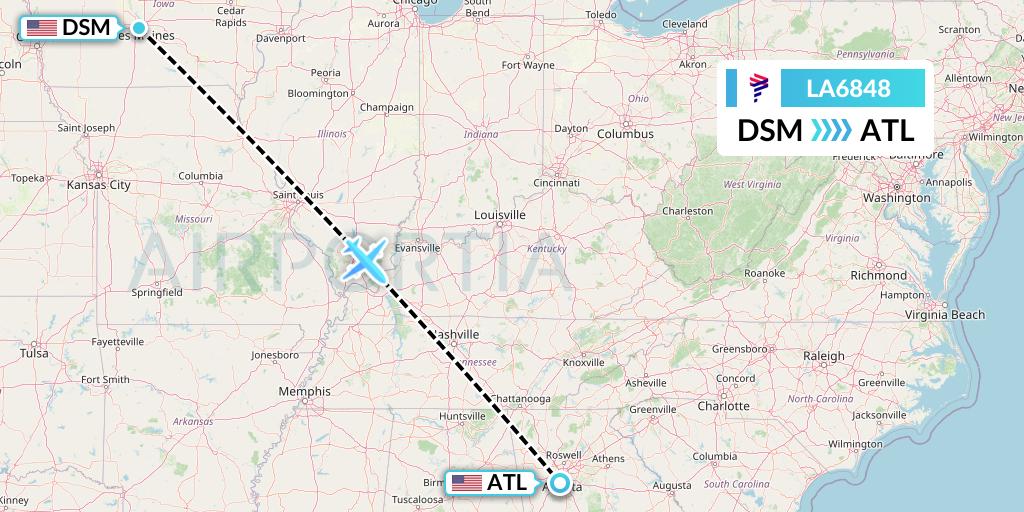 LA6848 LAN Airlines Flight Map: Des Moines to Atlanta