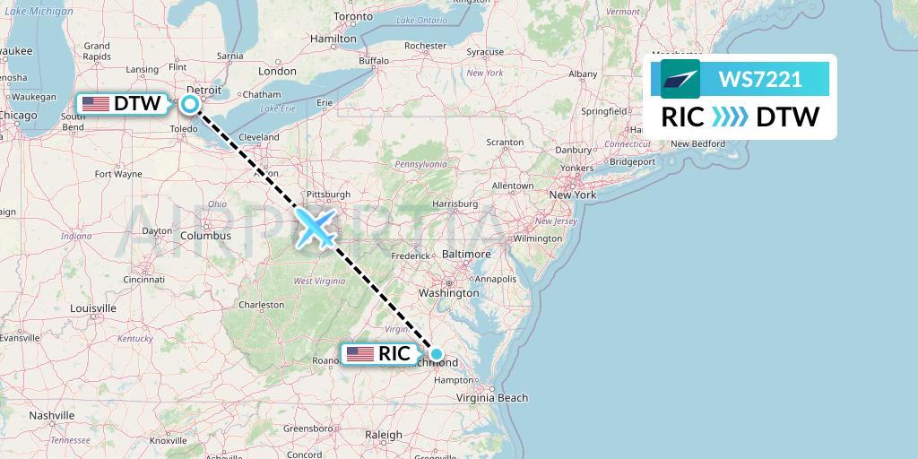 WS7221 WestJet Flight Map: Richmond to Detroit