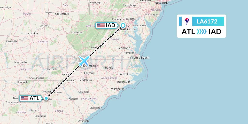 LA6172 LAN Airlines Flight Map: Atlanta to Washington