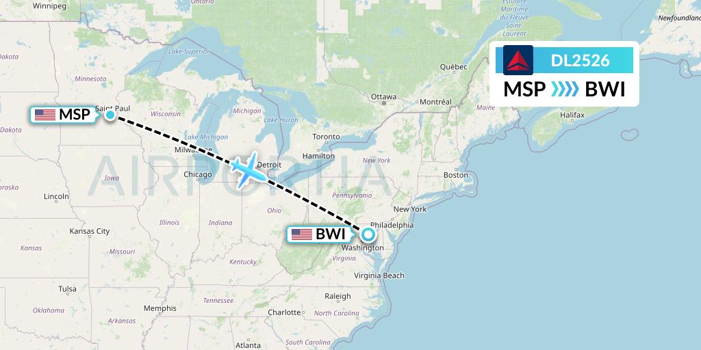 DL2526 Delta Air Lines Flight Map: Minneapolis to Baltimore