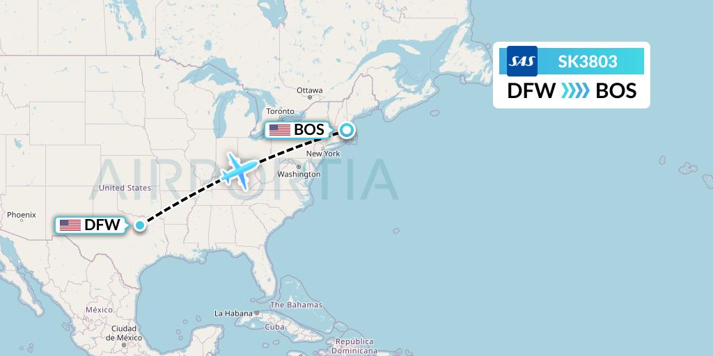SK3803 SAS Flight Map: Dallas to Boston