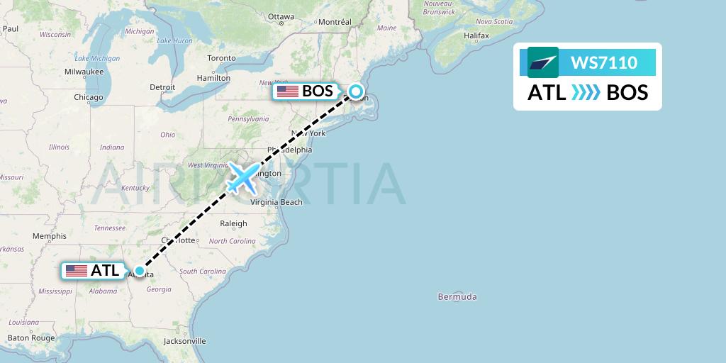 WS7110 WestJet Flight Map: Atlanta to Boston