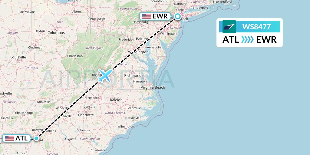 WS8477 WestJet Flight Map: Atlanta to New York