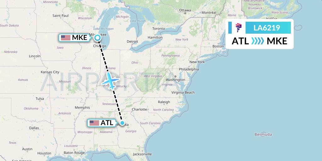 LA6219 LAN Airlines Flight Map: Atlanta to Milwaukee