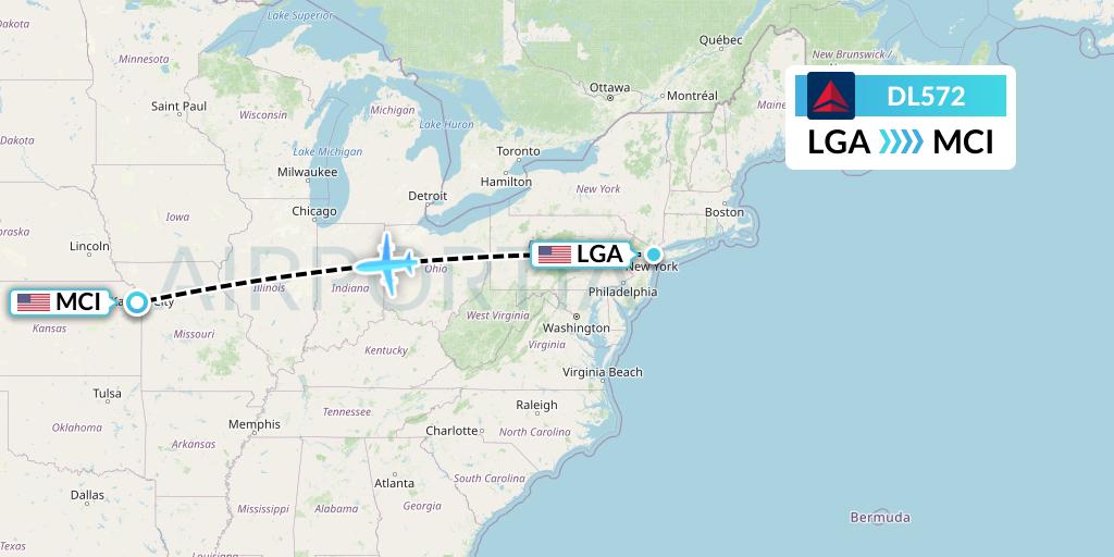 DL572 Delta Air Lines Flight Map: New York to Kansas City