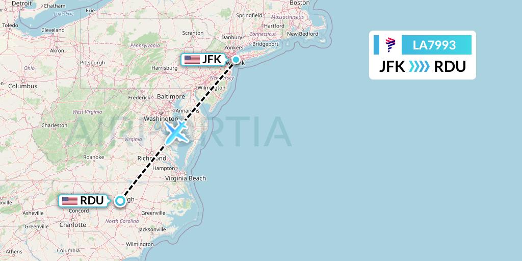 LA7993 LAN Airlines Flight Map: New York to Raleigh-Durham