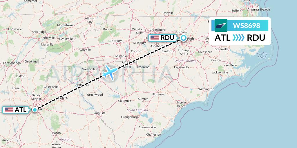 WS8698 WestJet Flight Map: Atlanta to Raleigh-Durham
