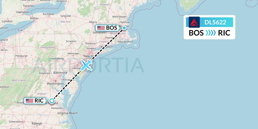 DL5622 Delta Air Lines Flight Map: Boston to Richmond