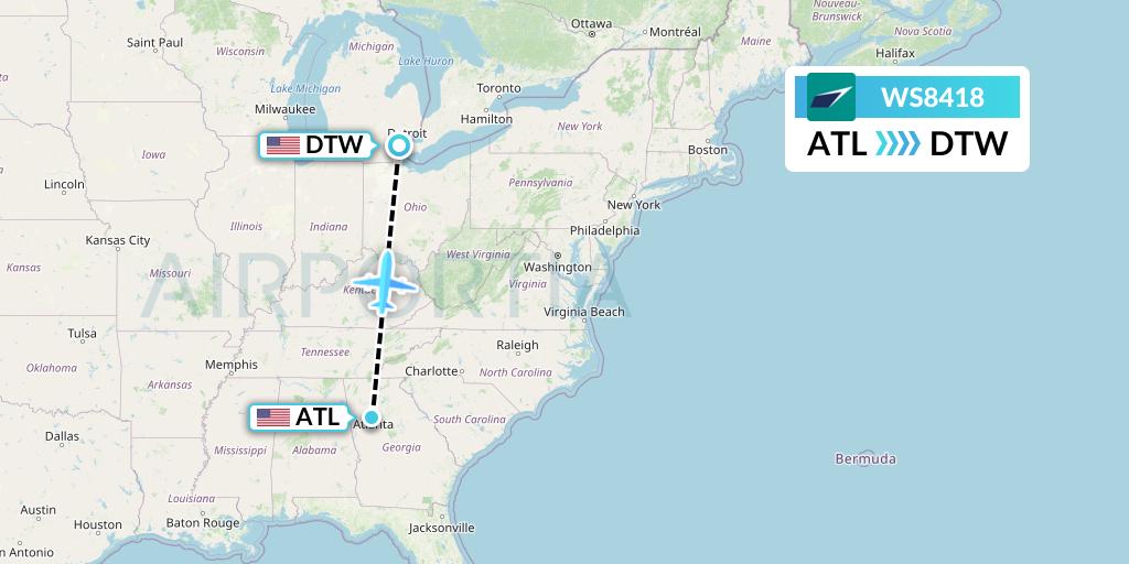 WS8418 WestJet Flight Map: Atlanta to Detroit