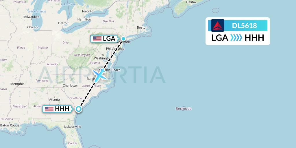 DL5618 Delta Air Lines Flight Map: New York to Hilton Head Island