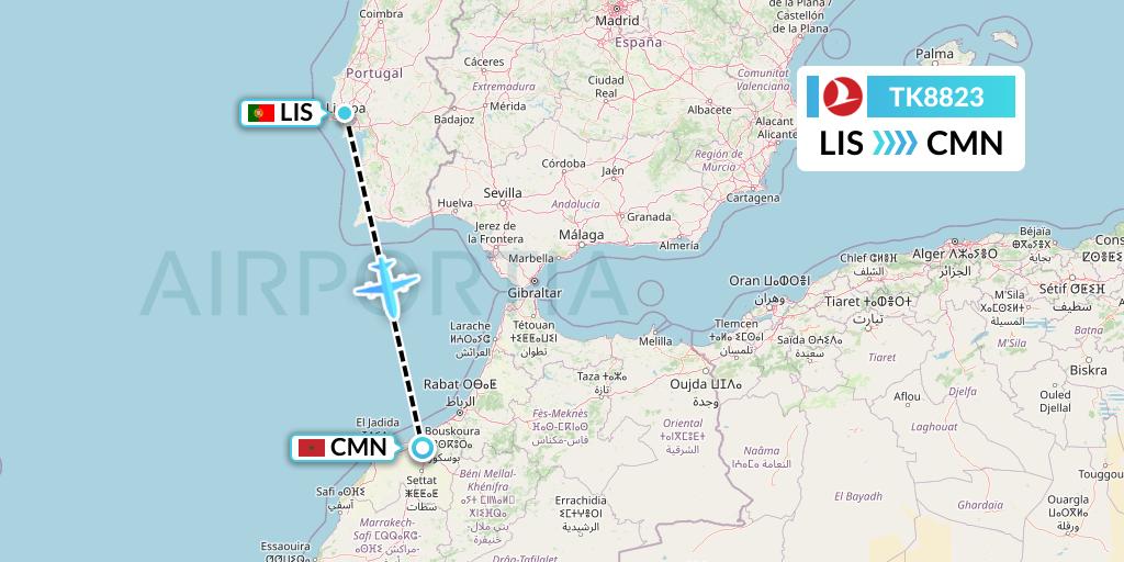 TK8823 Turkish Airlines Flight Map: Lisbon to Casablanca
