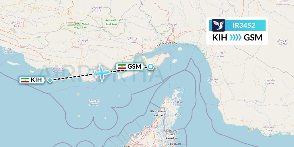 IR3452 Iran Air Flight Map: Kish Island to Qeshm Island